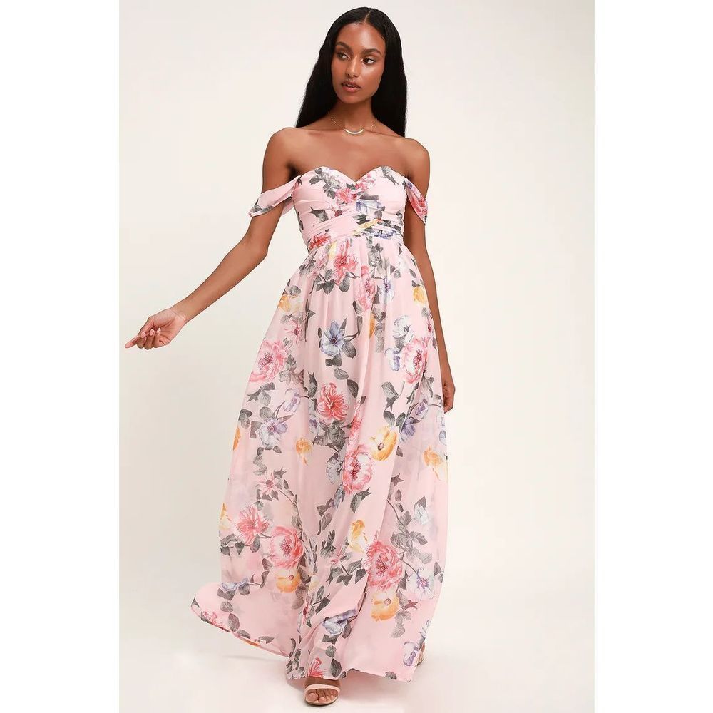 Blush Floral Print Off-the-Shoulder Maxi Dress